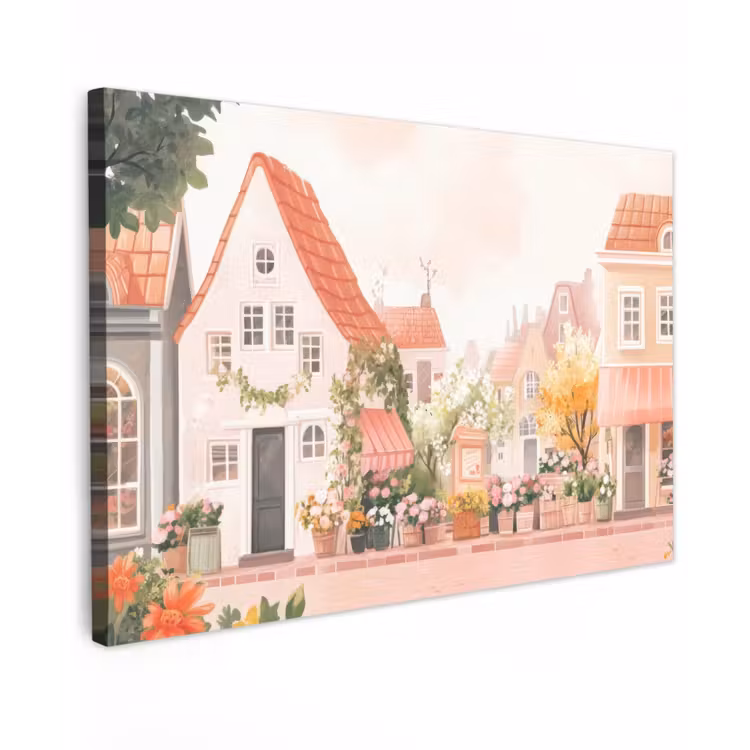 Canvas schilderij - Bloemen - Huizen - Dorp — 1