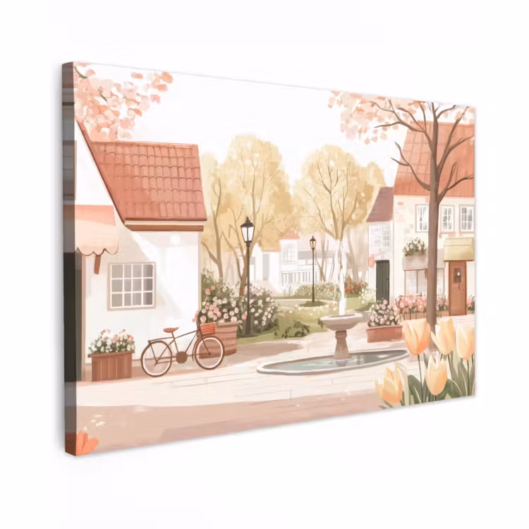Canvas schilderij - Dorpsplein - Fontein - Tulpen — 1