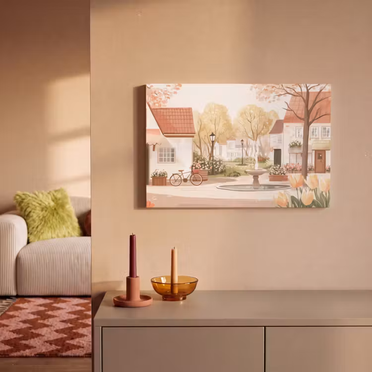 Canvas schilderij - Dorpsplein - Fontein - Tulpen — 2