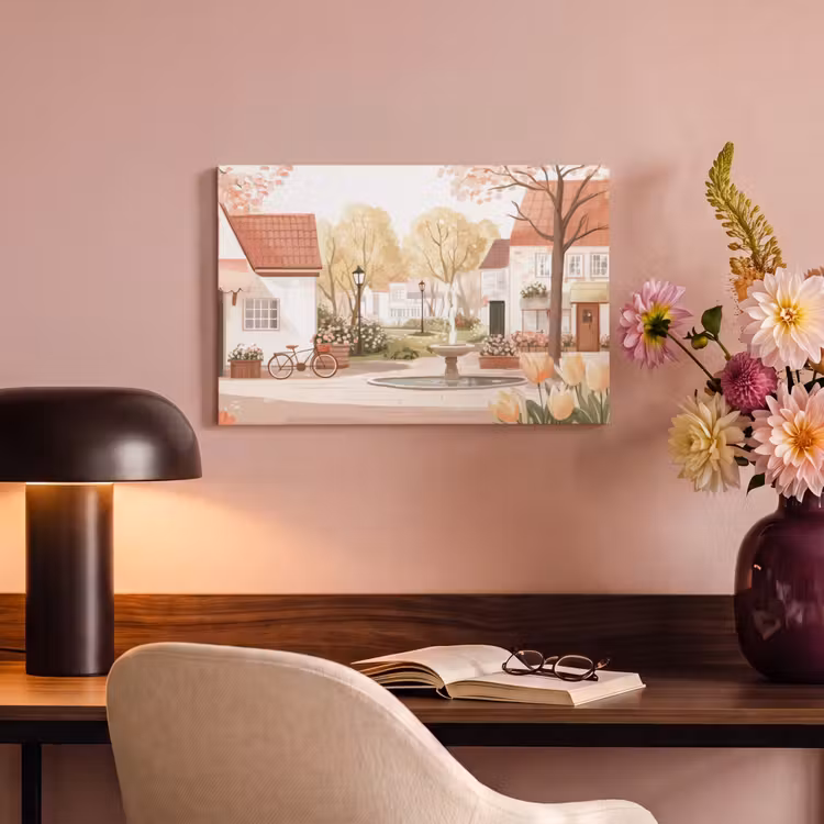 Canvas schilderij - Dorpsplein - Fontein - Tulpen — 4