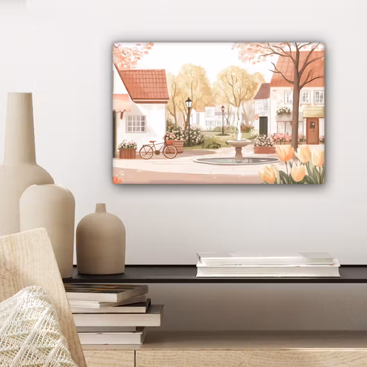Canvas schilderij - Dorpsplein - Fontein - Tulpen — 5