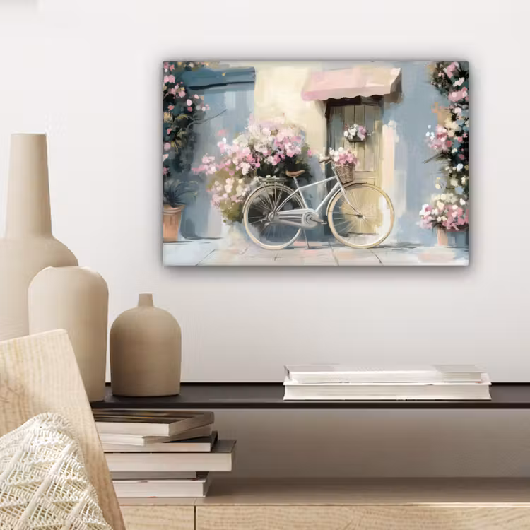 Canvas schilderij - Fiets - Pastelkleuren - Bloemen — 5