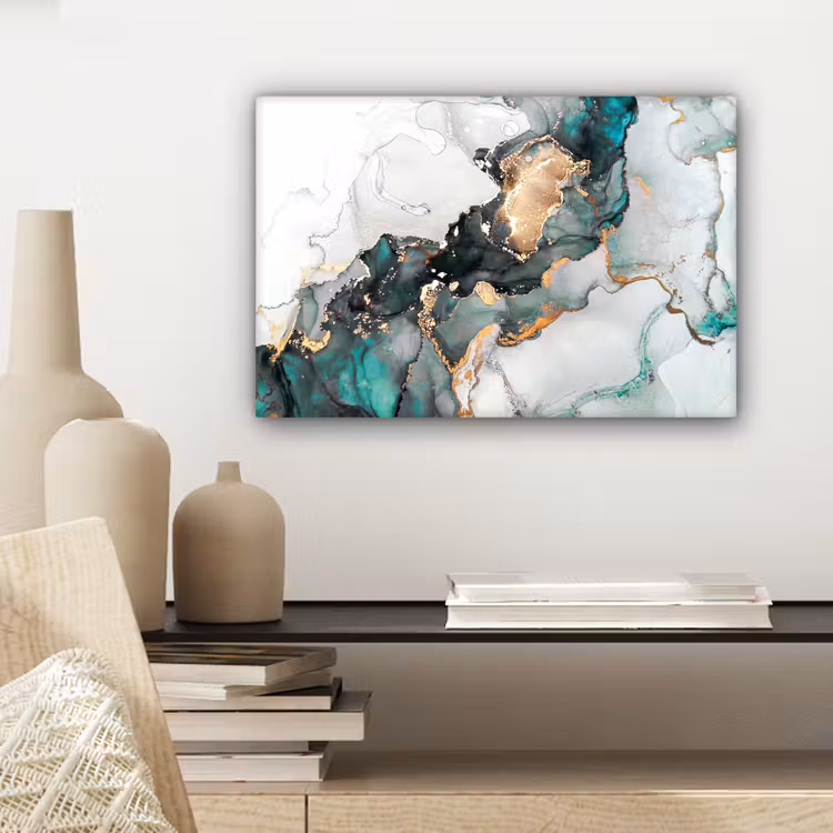 Canvas schilderij - Blauw - Marmer - Goud — 5