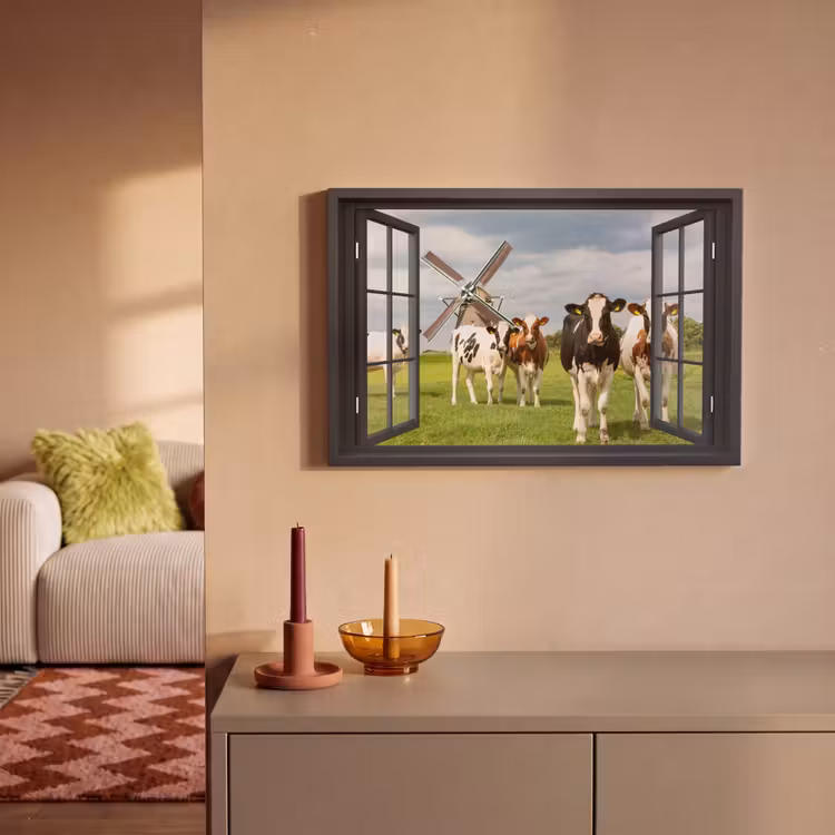 Canvas schilderij - Doorkijk - Koe - Molen - Koeien - Weiland - Gras - Groen — 2