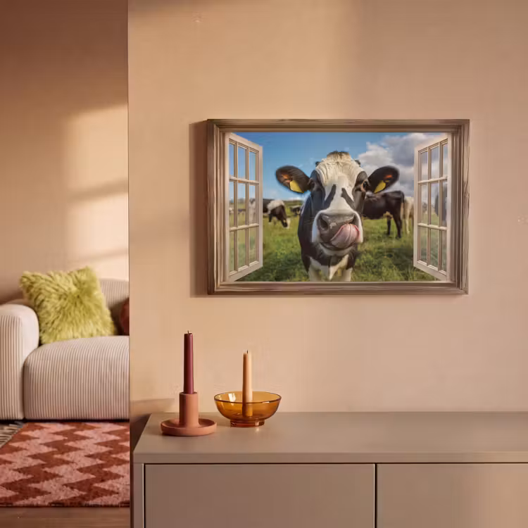 Canvas schilderij - Doorkijk - Koe - Weiland - Dieren - Natuur — 2