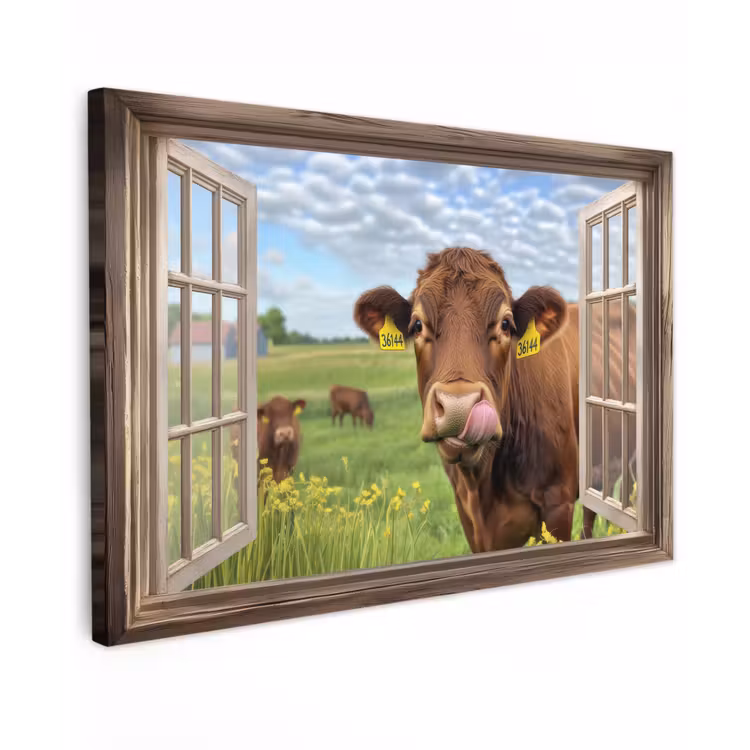 Canvas schilderij - Doorkijk - Koe - Weiland - Landschap - Dieren — 1