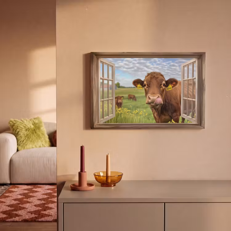 Canvas schilderij - Doorkijk - Koe - Weiland - Landschap - Dieren — 2