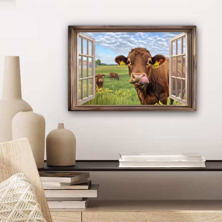 Canvas schilderij - Doorkijk - Koe - Weiland - Landschap - Dieren — 5