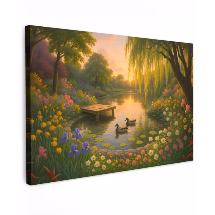 Canvas schilderij - Eenden - Vijver - Bloemen — 1
