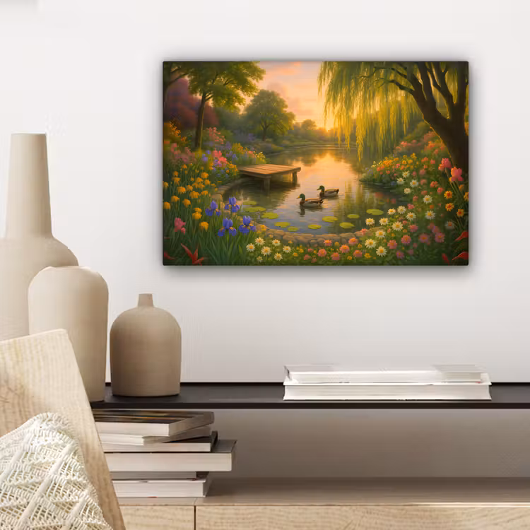 Canvas schilderij - Eenden - Vijver - Bloemen — 5