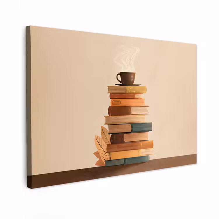Canvas schilderij - Boeken - Toren - Koffie - Beige — 1