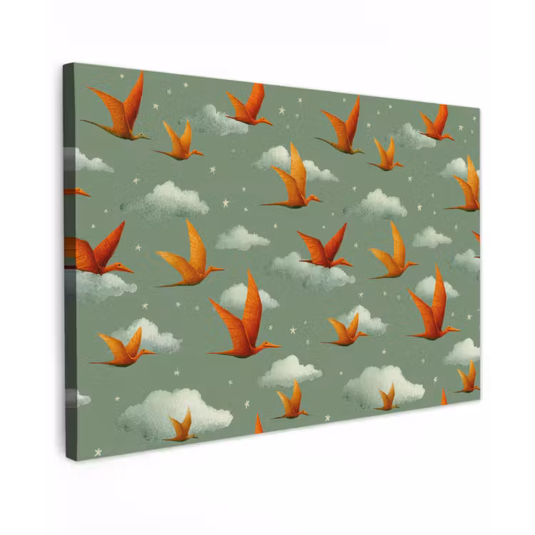 Canvas schilderij - Dinosaurussen - Wolken - Sterren - Oranje — 1