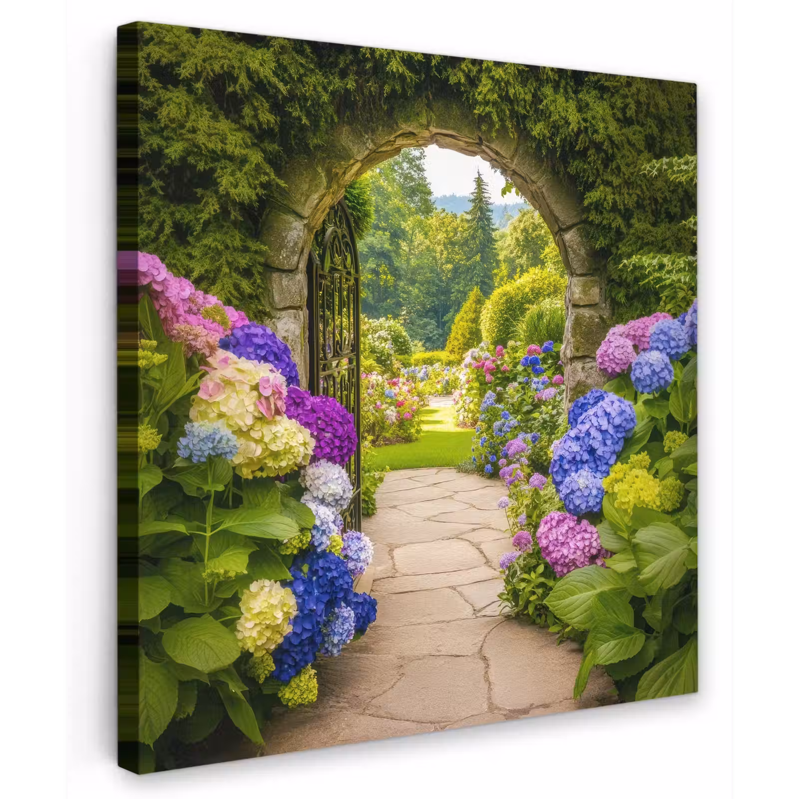 Canvas schilderij - Doorkijk - Poort - Hortensia - Bloementuin — 1