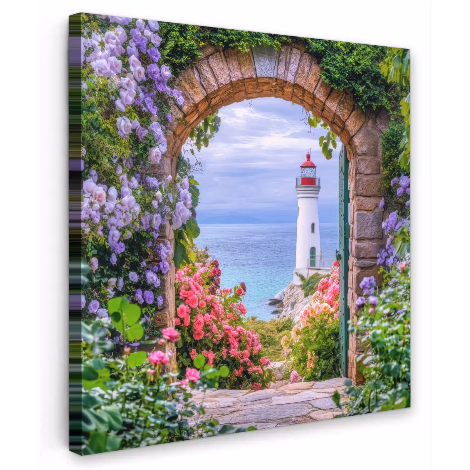 Canvas schilderij - Doorkijk - Vuurtoren - Bloemen - Uitzicht — 1