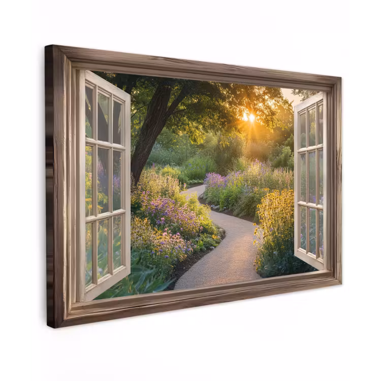 Canvas schilderij - Doorkijk - Bloemen - Natuur - Zon - Pad — 1