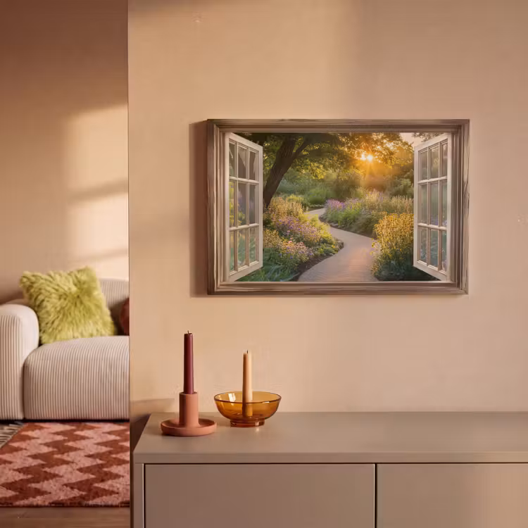 Canvas schilderij - Doorkijk - Bloemen - Natuur - Zon - Pad — 2