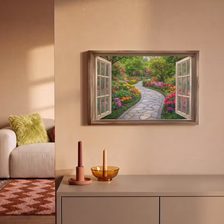 Canvas schilderij - Doorkijk - Bloemen - Tuinpad - Natuur - Raam — 2