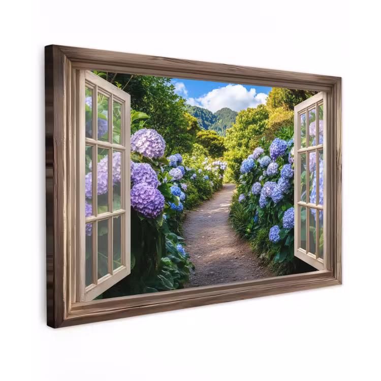 Canvas schilderij - Doorkijk - Hortensia - Pad - Natuur — 1