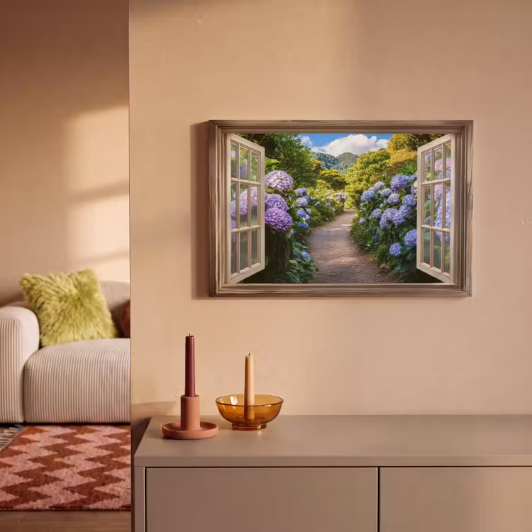 Canvas schilderij - Doorkijk - Hortensia - Pad - Natuur — 2