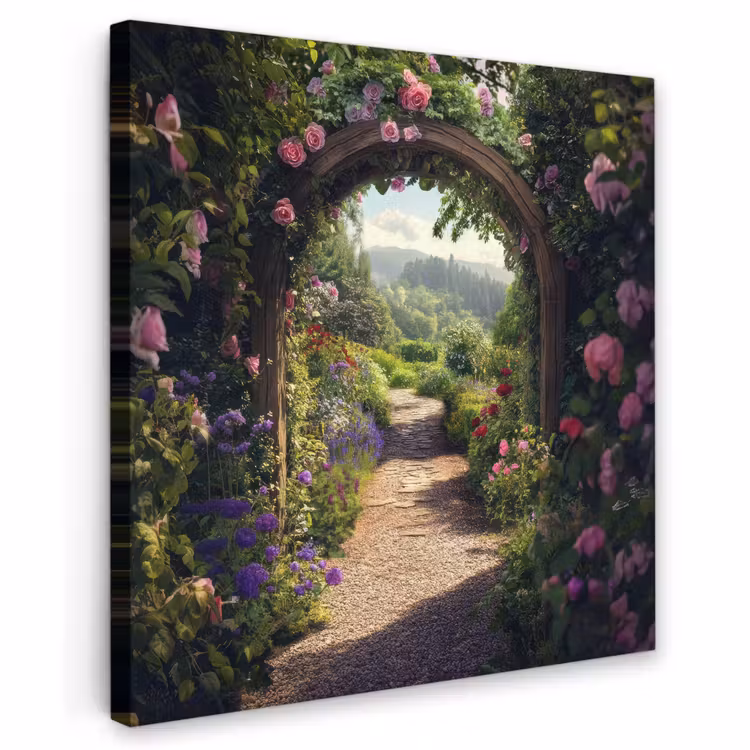 Canvas schilderij - Doorkijk - Landschap - Bloemen - Rozenboog - Natuur — 1