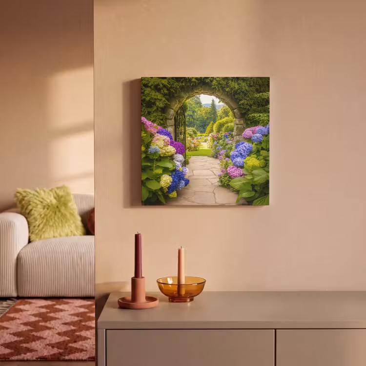 Canvas schilderij - Doorkijk - Poort - Hortensia - Bloementuin — 2