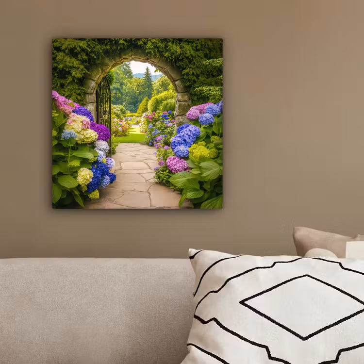 Canvas schilderij - Doorkijk - Poort - Hortensia - Bloementuin — 3