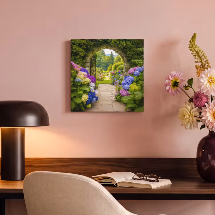 Canvas schilderij - Doorkijk - Poort - Hortensia - Bloementuin — 4