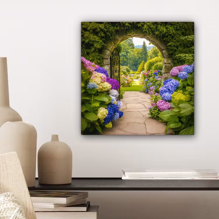 Canvas schilderij - Doorkijk - Poort - Hortensia - Bloementuin — 5