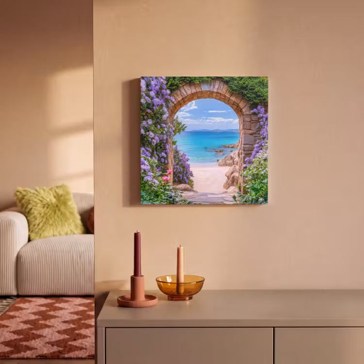 Canvas schilderij - Doorkijk - Poort - Zee - Strand - Rotsen — 2