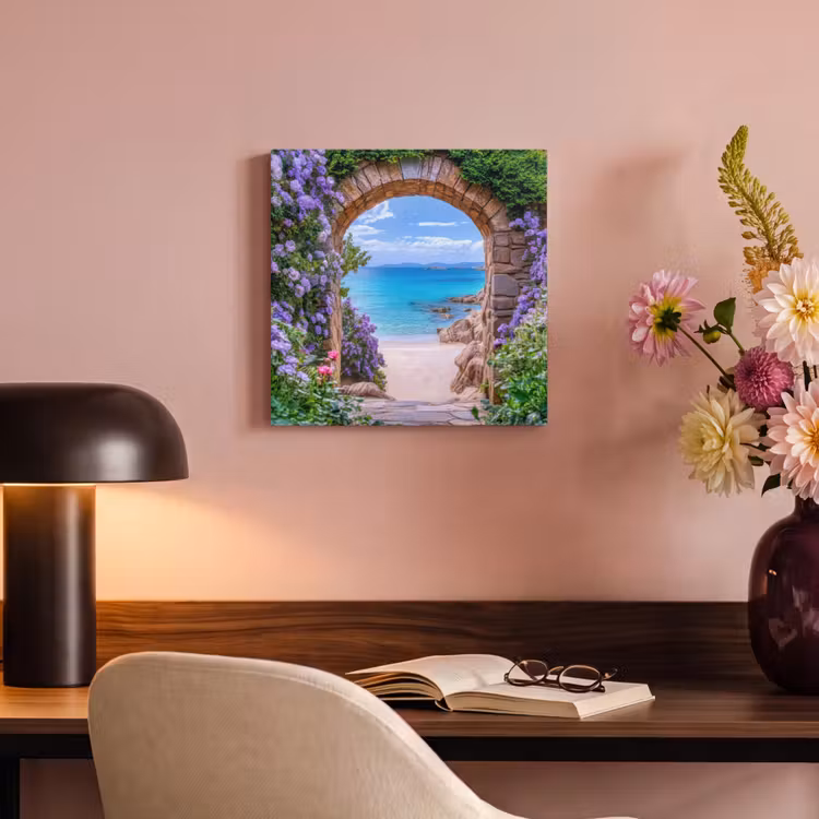 Canvas schilderij - Doorkijk - Poort - Zee - Strand - Rotsen — 4