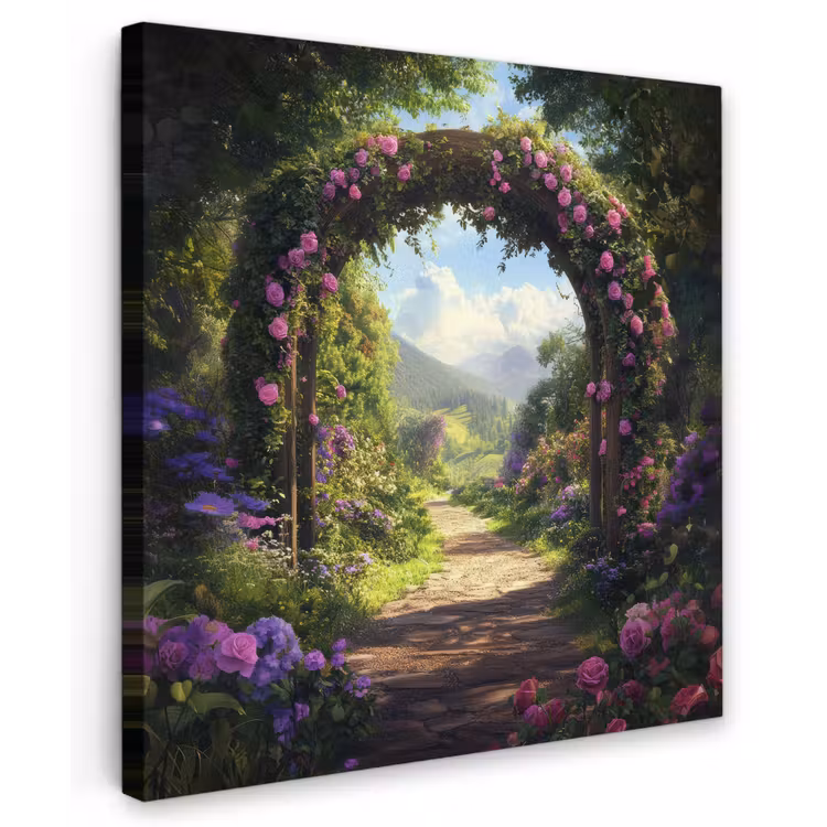 Canvas schilderij - Doorkijk - Rozenboog - Uitzicht - Landschap - Bloemen — 1