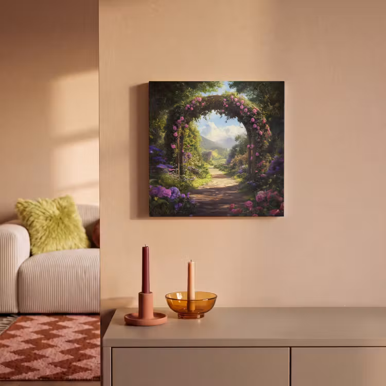 Canvas schilderij - Doorkijk - Rozenboog - Uitzicht - Landschap - Bloemen — 2