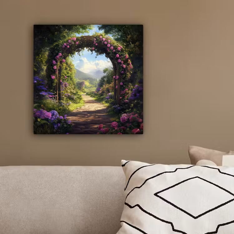 Canvas schilderij - Doorkijk - Rozenboog - Uitzicht - Landschap - Bloemen — 3