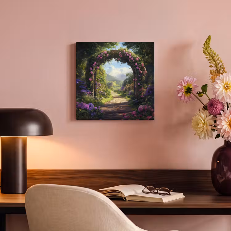 Canvas schilderij - Doorkijk - Rozenboog - Uitzicht - Landschap - Bloemen — 4