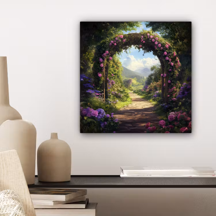 Canvas schilderij - Doorkijk - Rozenboog - Uitzicht - Landschap - Bloemen — 5