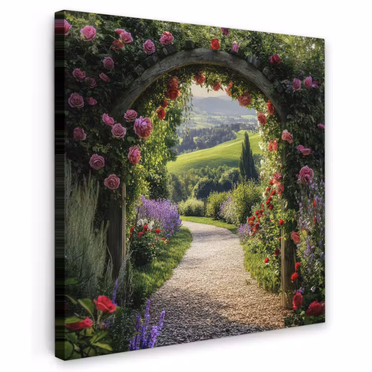 Canvas schilderij - Doorkijk - Tuinboog - Bloemen - Natuur - Pad — 1