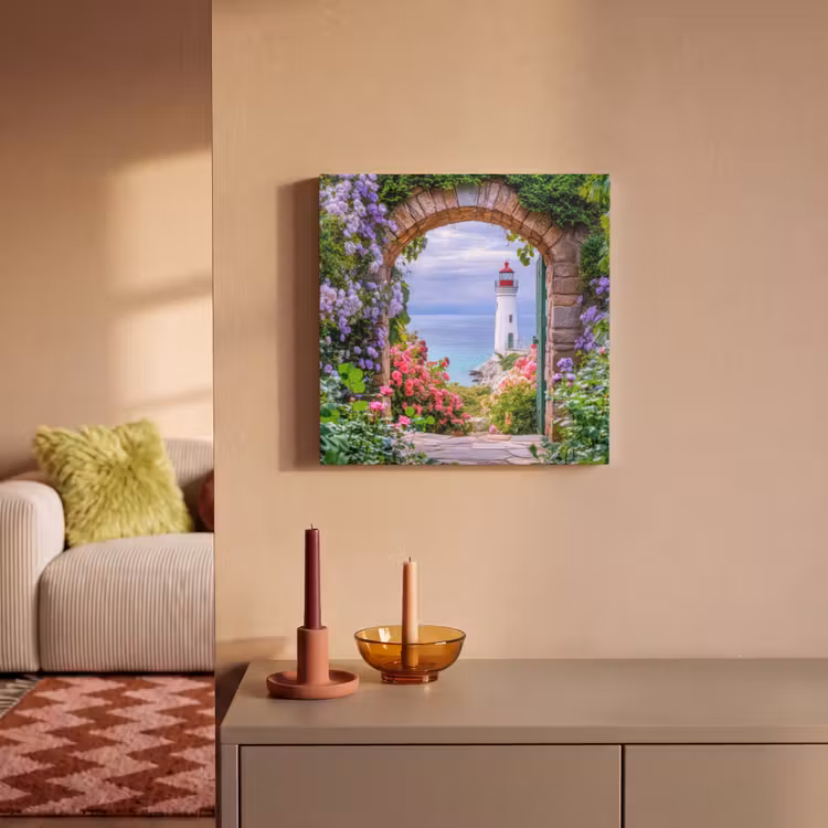 Canvas schilderij - Doorkijk - Vuurtoren - Bloemen - Uitzicht — 2