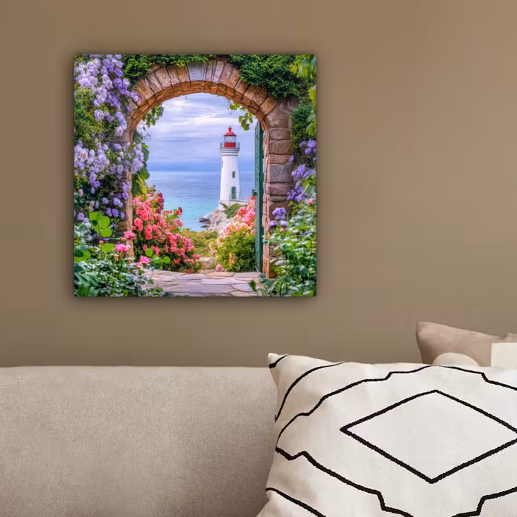 Canvas schilderij - Doorkijk - Vuurtoren - Bloemen - Uitzicht — 3
