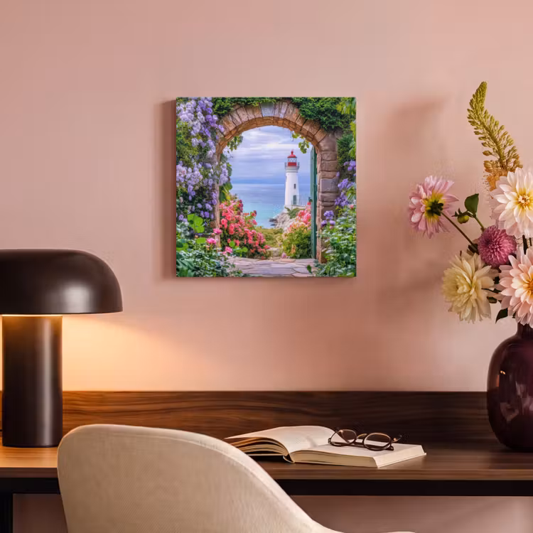 Canvas schilderij - Doorkijk - Vuurtoren - Bloemen - Uitzicht — 4