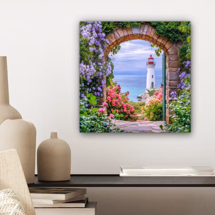 Canvas schilderij - Doorkijk - Vuurtoren - Bloemen - Uitzicht — 5
