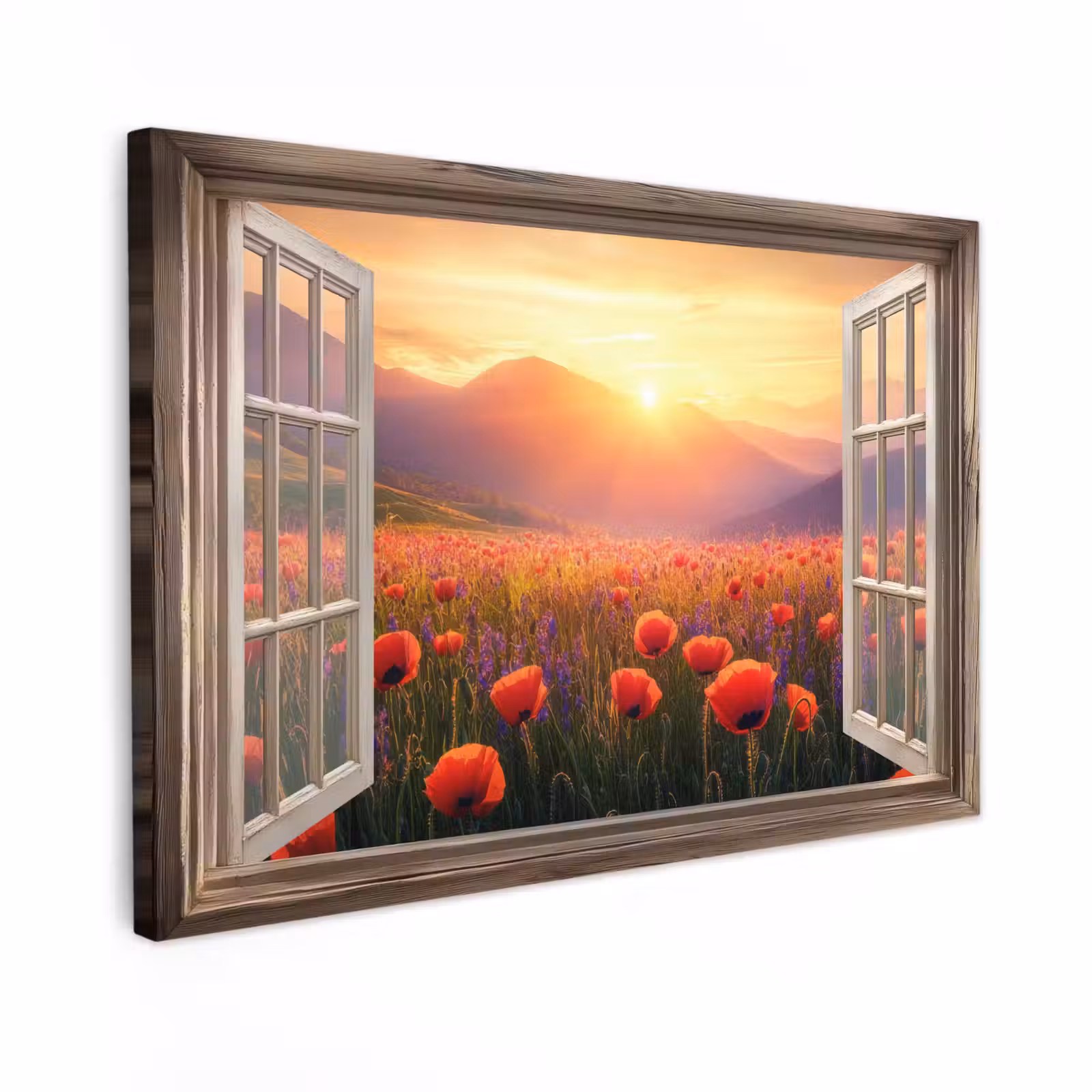 Canvas schilderij - Doorkijk - Klaprozen - Bloemen - Rood - Open raam — 1