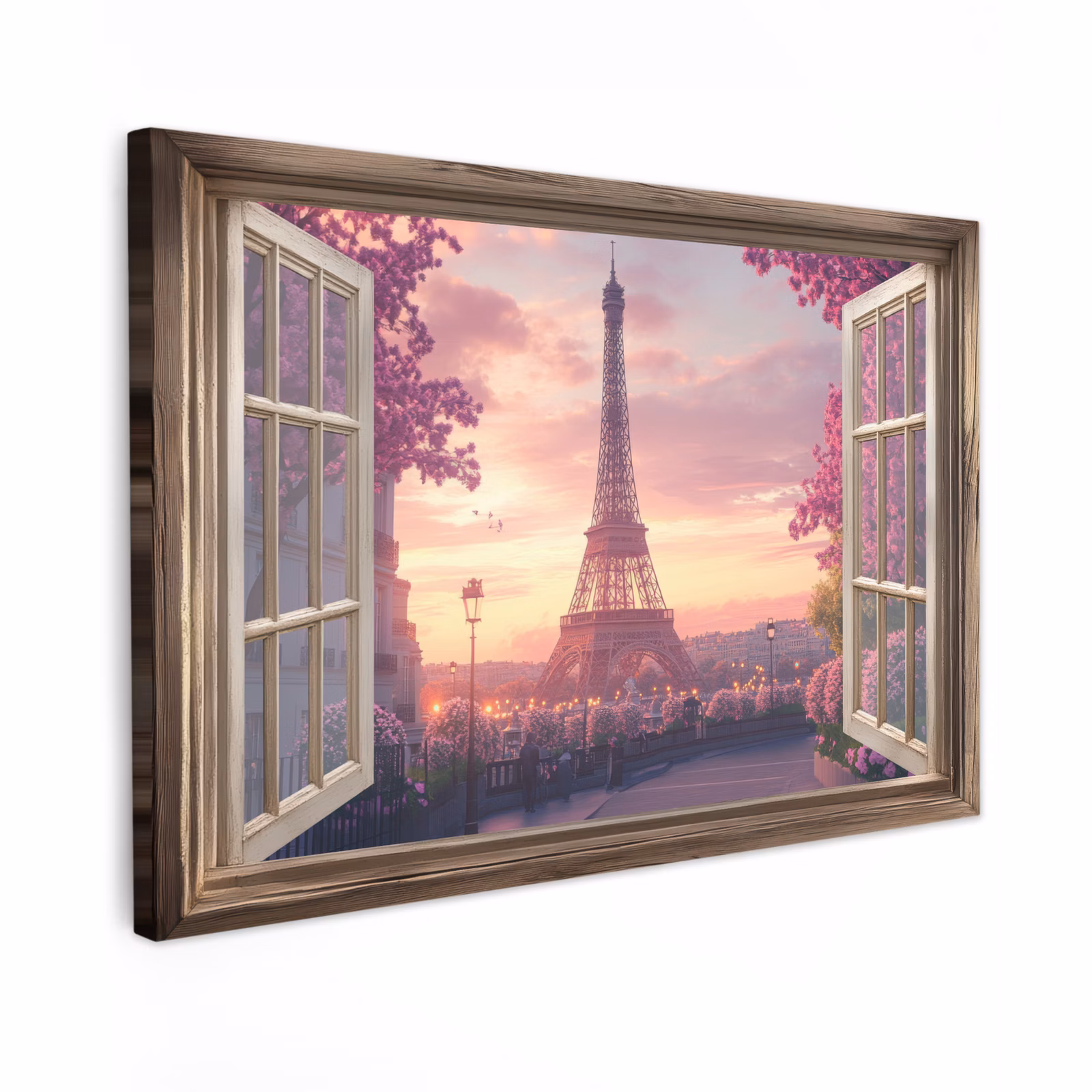 Canvas schilderij - Doorkijk - Parijs - Eiffeltoren - Roze - Kersenbloesem — 1