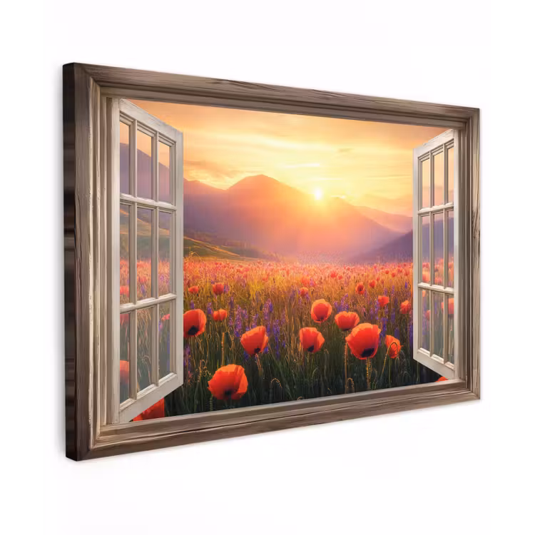 Canvas schilderij - Doorkijk - Klaprozen - Bloemen - Rood - Open raam — 1
