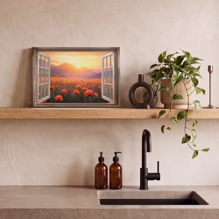 Canvas schilderij - Doorkijk - Klaprozen - Bloemen - Rood - Open raam — 3