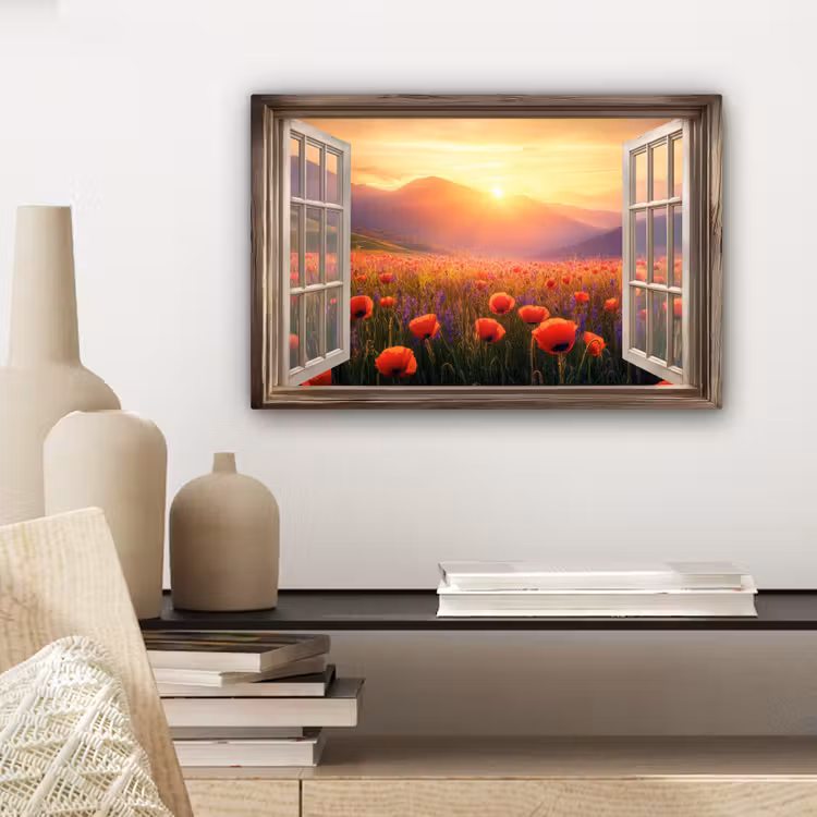 Canvas schilderij - Doorkijk - Klaprozen - Bloemen - Rood - Open raam — 5