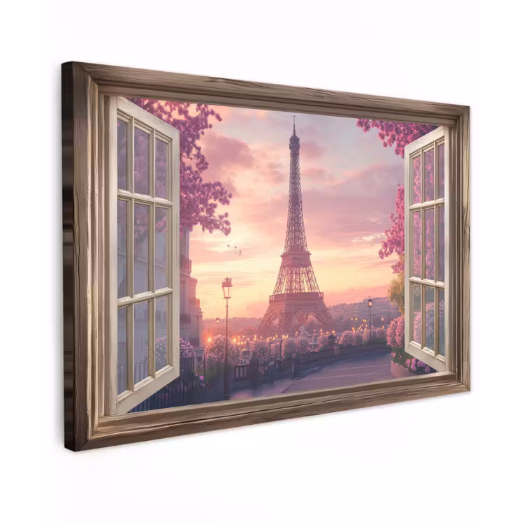 Canvas schilderij - Doorkijk - Parijs - Eiffeltoren - Roze - Kersenbloesem — 1