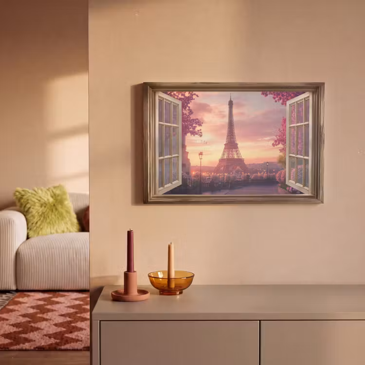 Canvas schilderij - Doorkijk - Parijs - Eiffeltoren - Roze - Kersenbloesem — 2