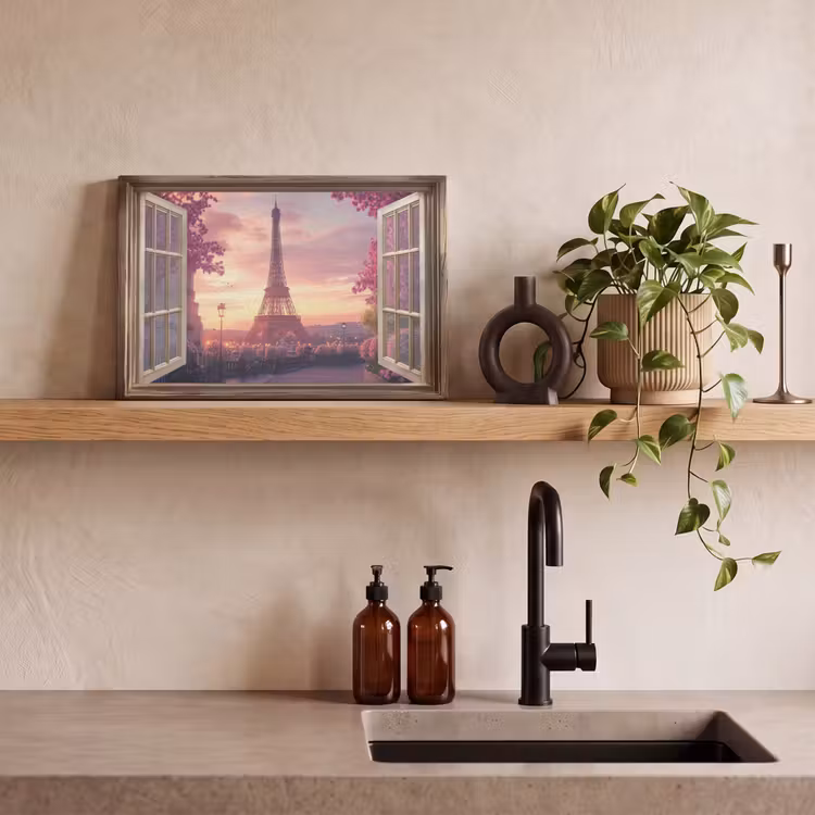 Canvas schilderij - Doorkijk - Parijs - Eiffeltoren - Roze - Kersenbloesem — 3