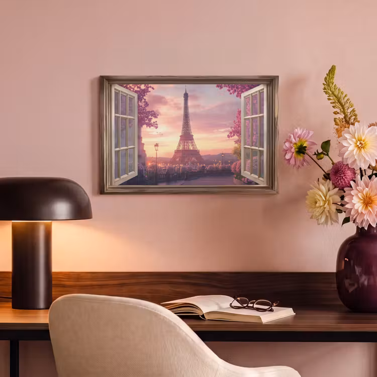 Canvas schilderij - Doorkijk - Parijs - Eiffeltoren - Roze - Kersenbloesem — 4