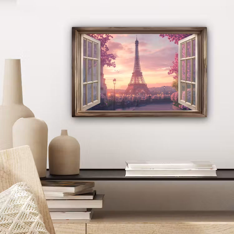 Canvas schilderij - Doorkijk - Parijs - Eiffeltoren - Roze - Kersenbloesem — 5